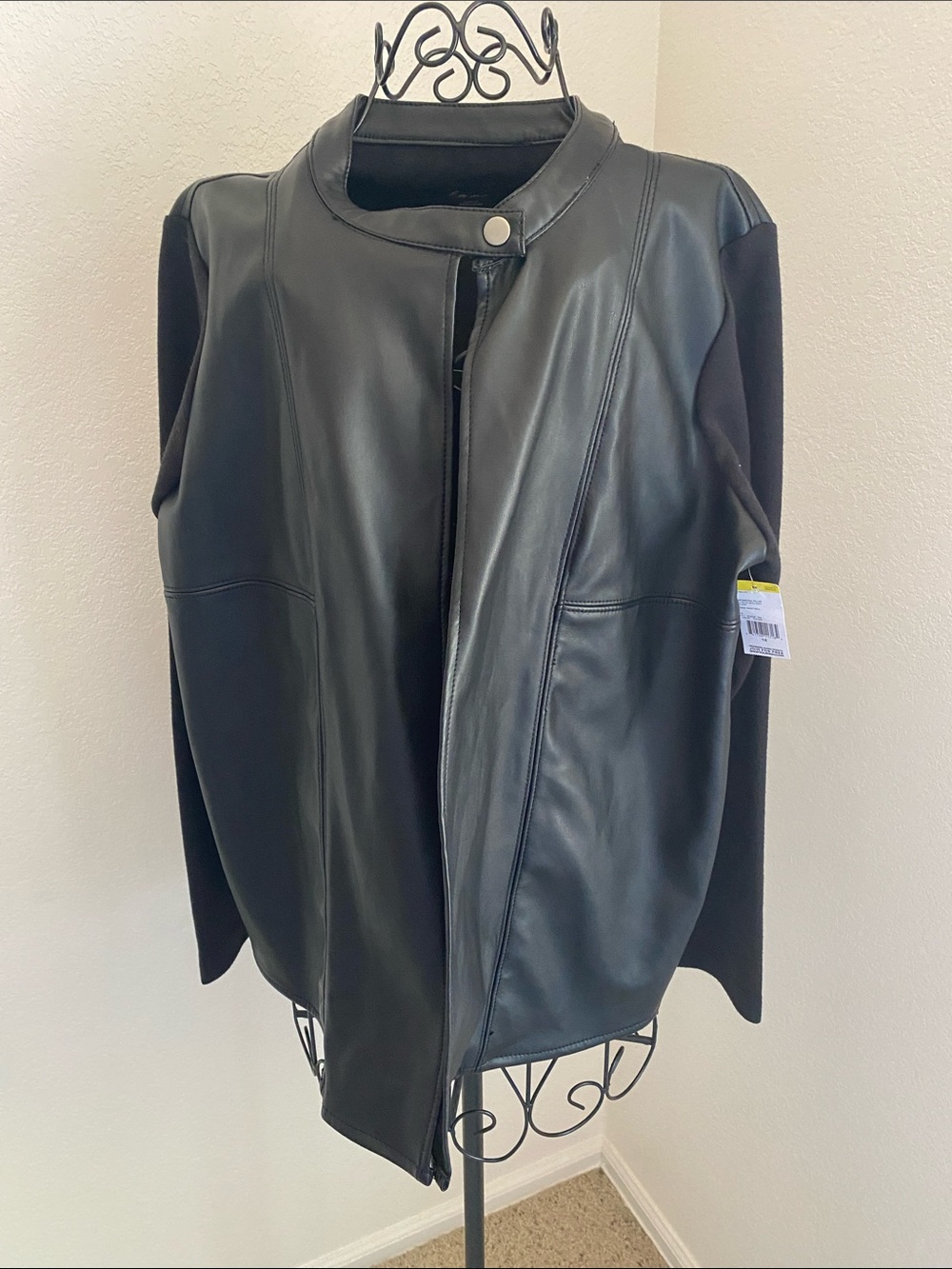 Simply Emma Black Faux Leather Front Jacket with Knit Sleeves